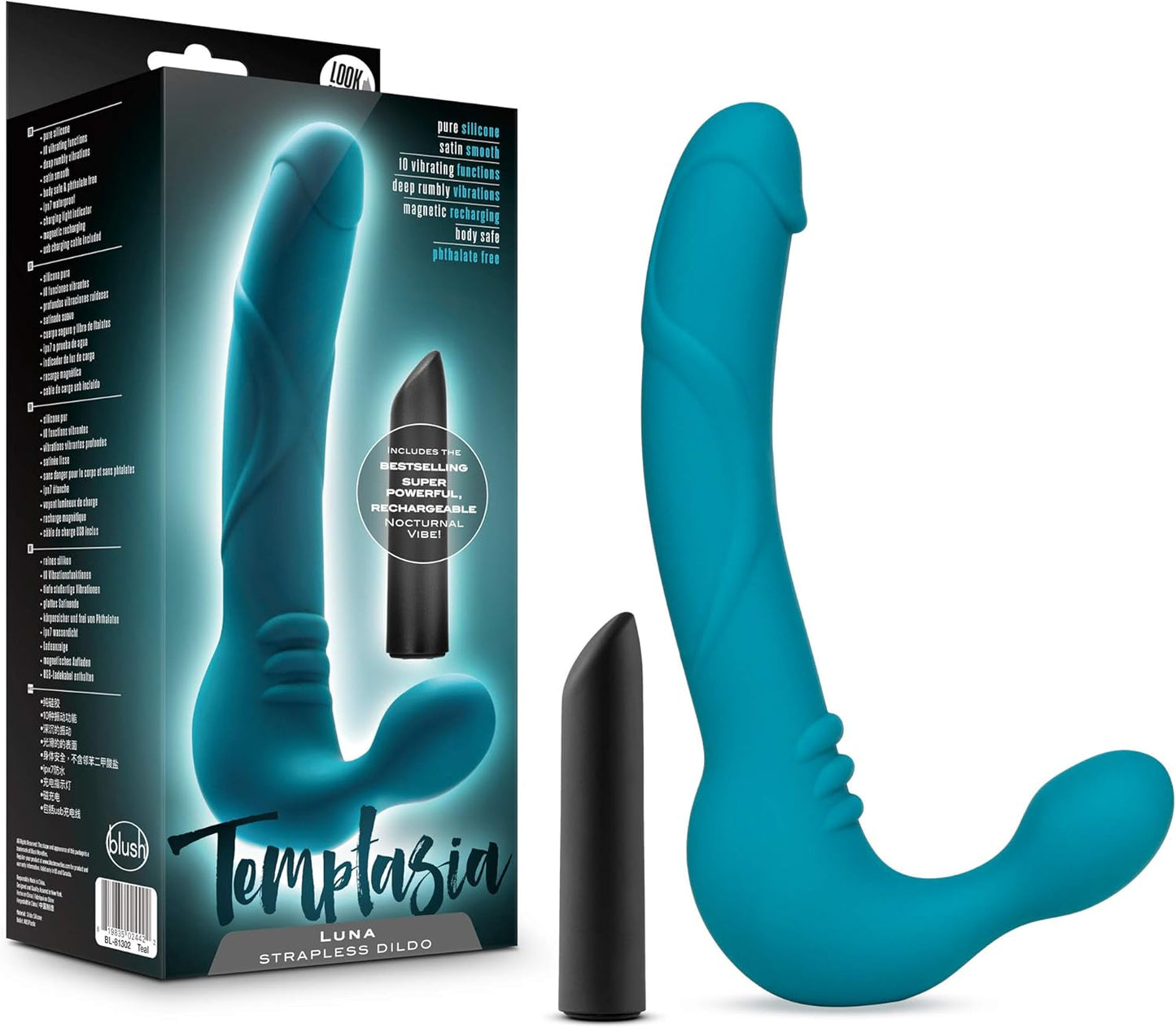 Blush Temptasia Luna 9" Silicone Curved Vibrating Dildo, Strapless Double Ended Cock, Rechargeable, Waterproof, Intense Deep Down Anal & Vaginal...